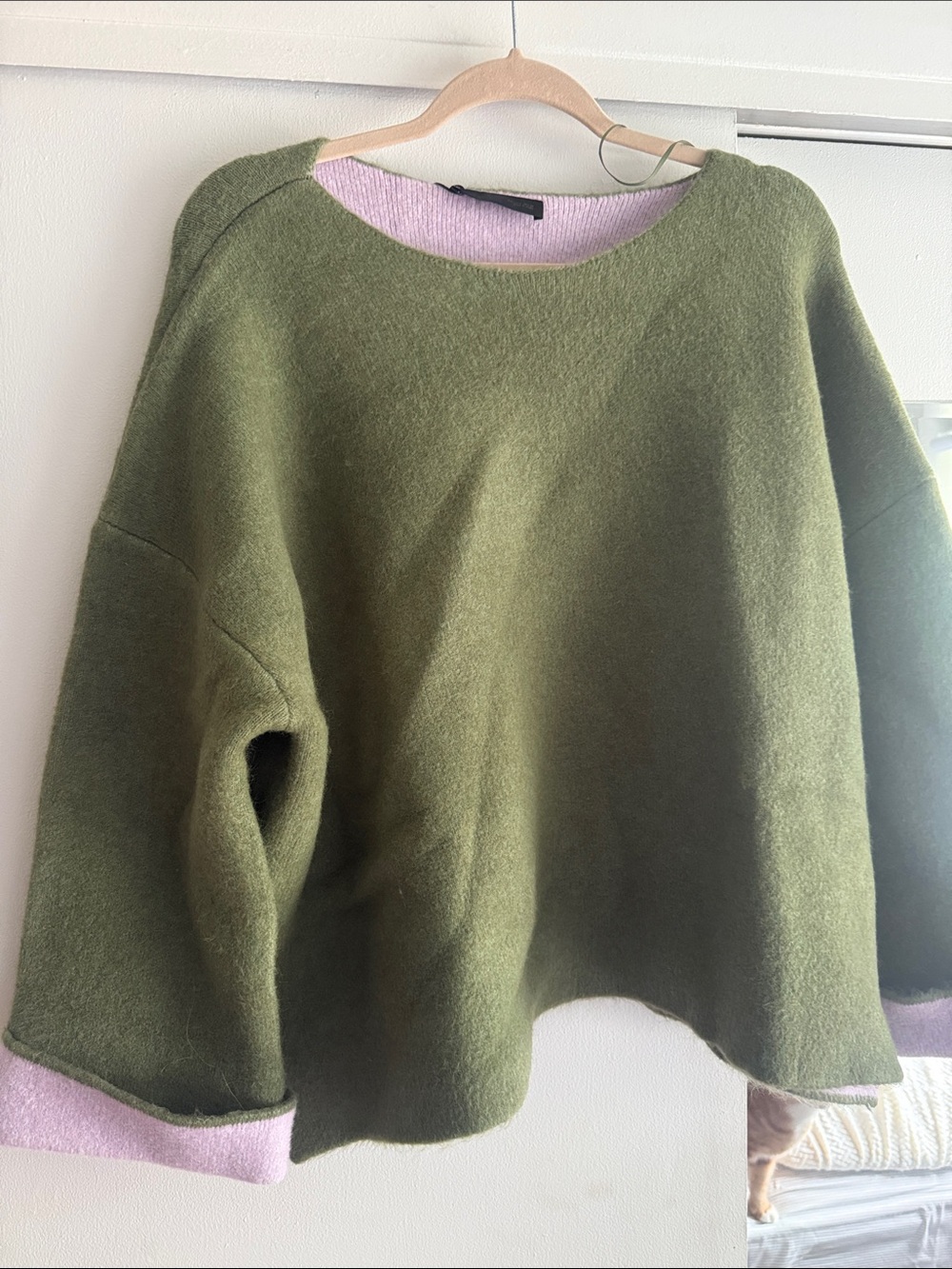 Zara Olive Green Crewneck Sweater with Pink Trim
